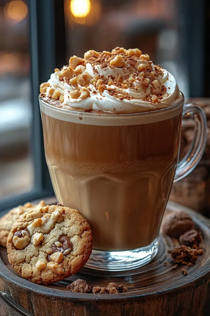 Caramel latte with whipped cream, caramel drizzle, and chopped pecans, accompanied by a cookie.