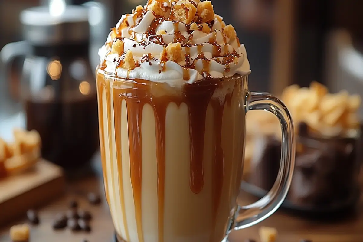 A tall glass mug of caramel latte covered in whipped cream, drizzled with caramel sauce, and topped with chunky caramel bits.