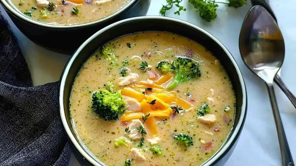 A bowl of creamy chicken broccoli cheddar soup garnished with fresh broccoli, shredded cheddar cheese, and herbs.