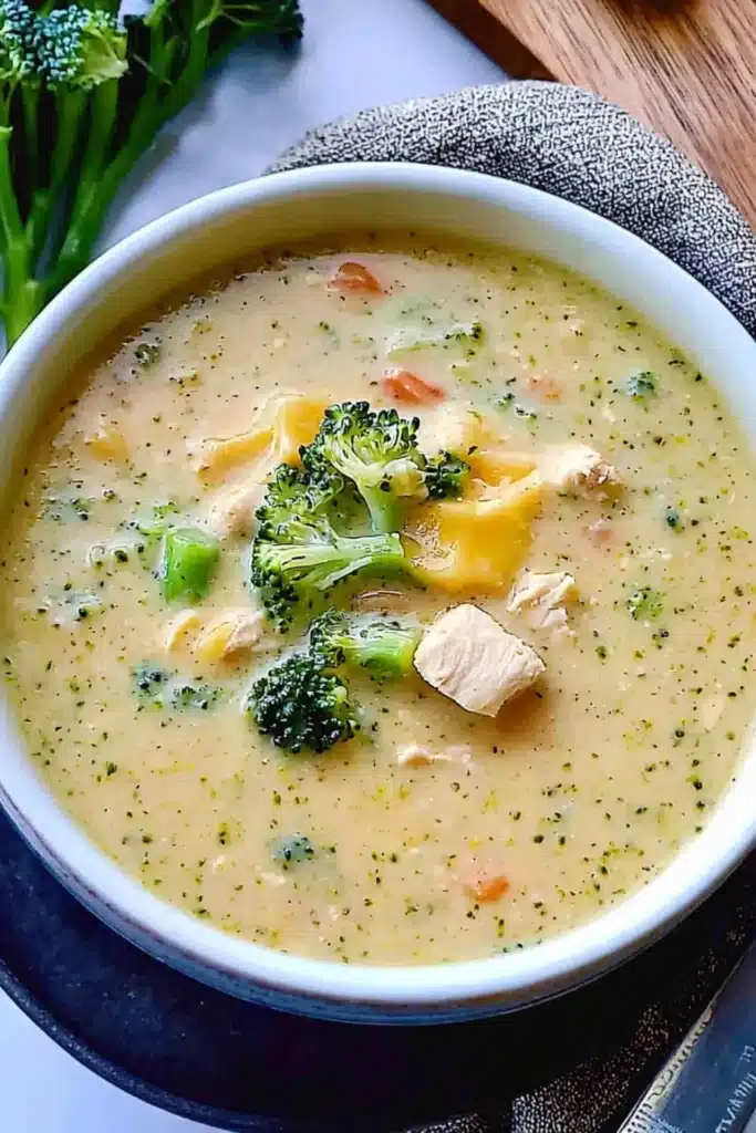 A bowl of creamy chicken broccoli cheddar soup with chunks of chicken, fresh broccoli florets, and melted cheddar cheese.