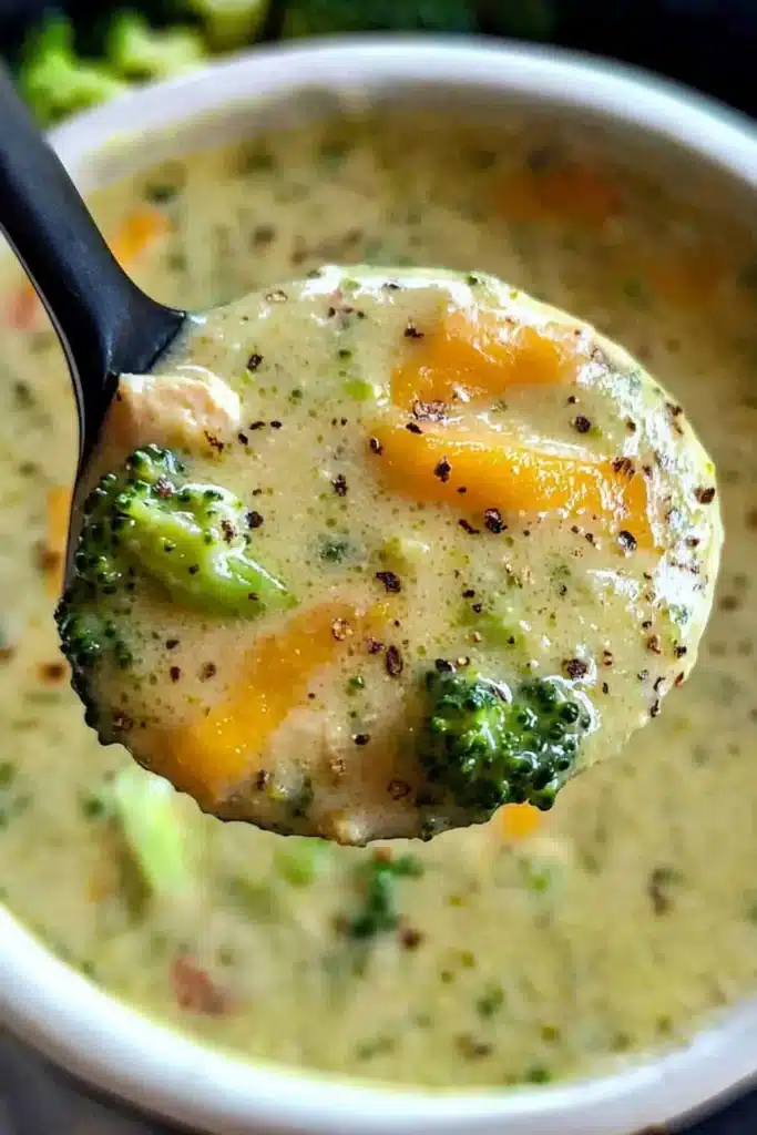 A close-up of a spoonful of creamy chicken broccoli cheddar soup with broccoli, melted cheddar, and black pepper.