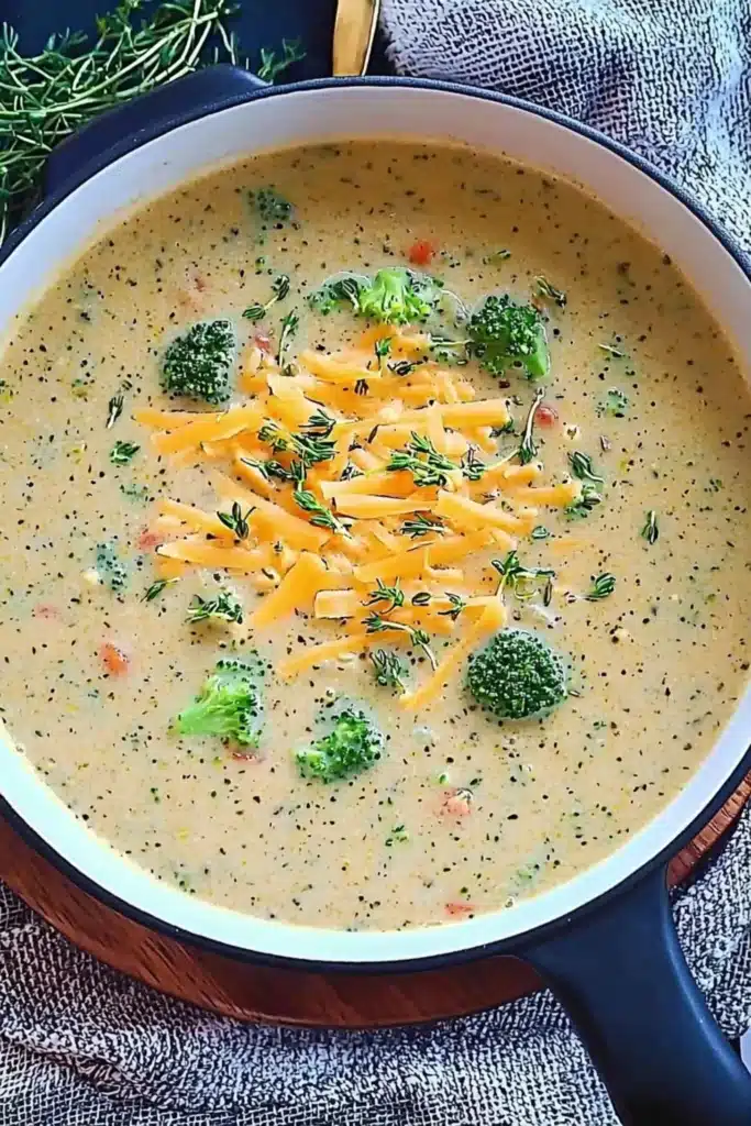 A pot of creamy chicken broccoli cheddar soup garnished with fresh broccoli, shredded cheddar cheese, and thyme.