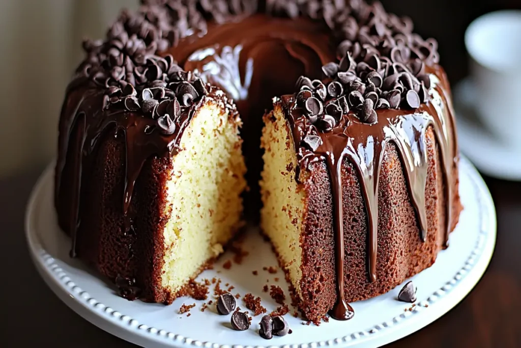 Chocolate cream cheese pound cake with chocolate ganache dripping and a slice cut out.