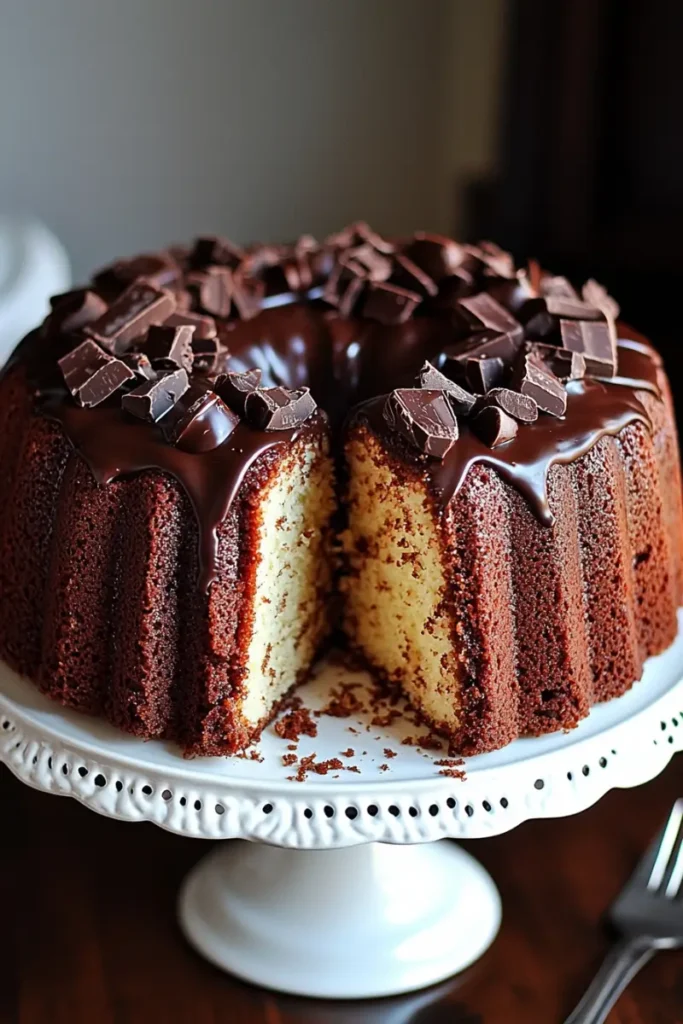 Chocolate cream cheese pound cake topped with chocolate chunks and ganache.