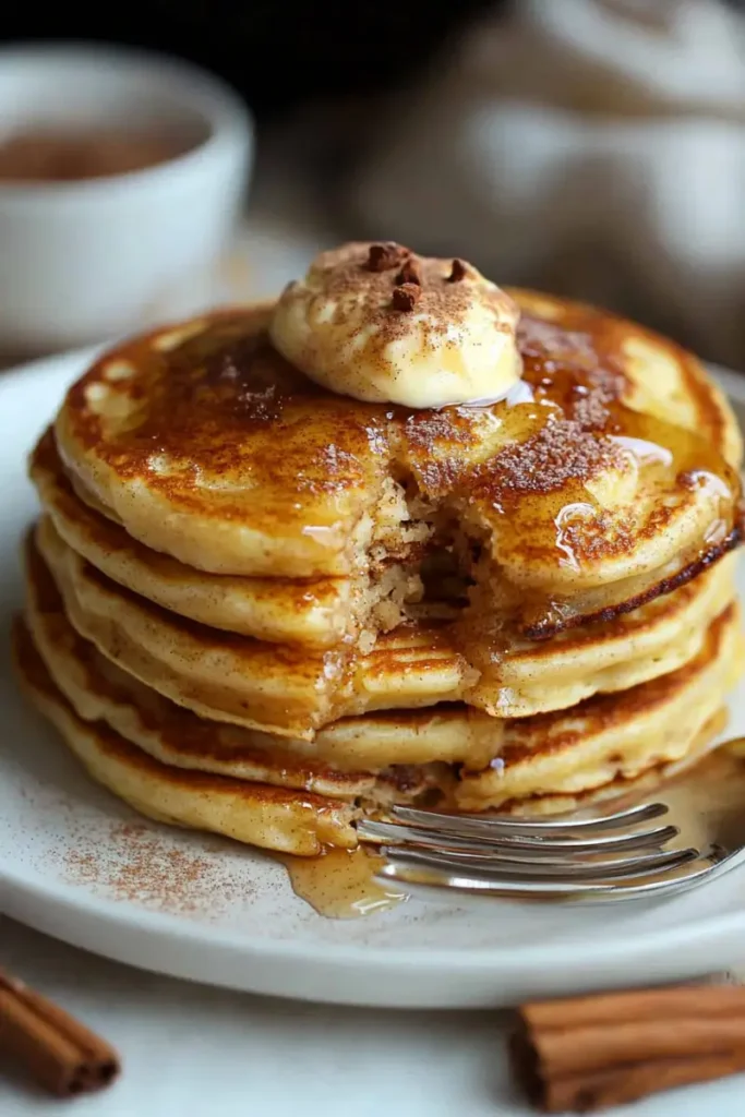 Cinnamon swirl pancakes topped with banana slices and syrup for a fruity touch.