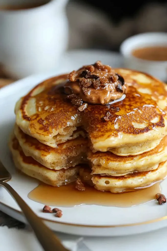 A stack of cinnamon swirl pancakes topped with syrup and crunchy cinnamon sugar bits.