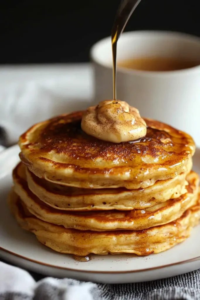 Cinnamon swirl pancakes served with a dollop of whipped cream and syrup.