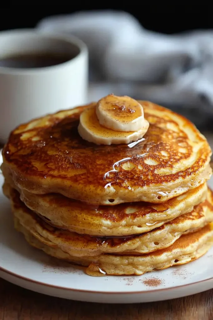 A bite taken from cinnamon swirl pancakes, revealing the soft, fluffy texture inside.