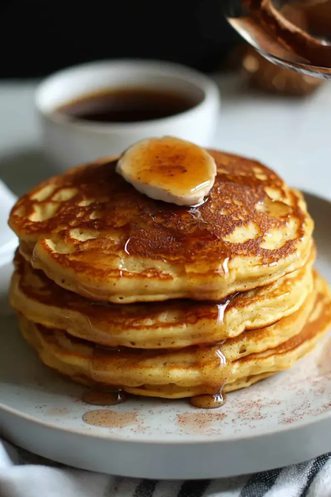 Golden cinnamon swirl pancakes with syrup cascading down the sides.