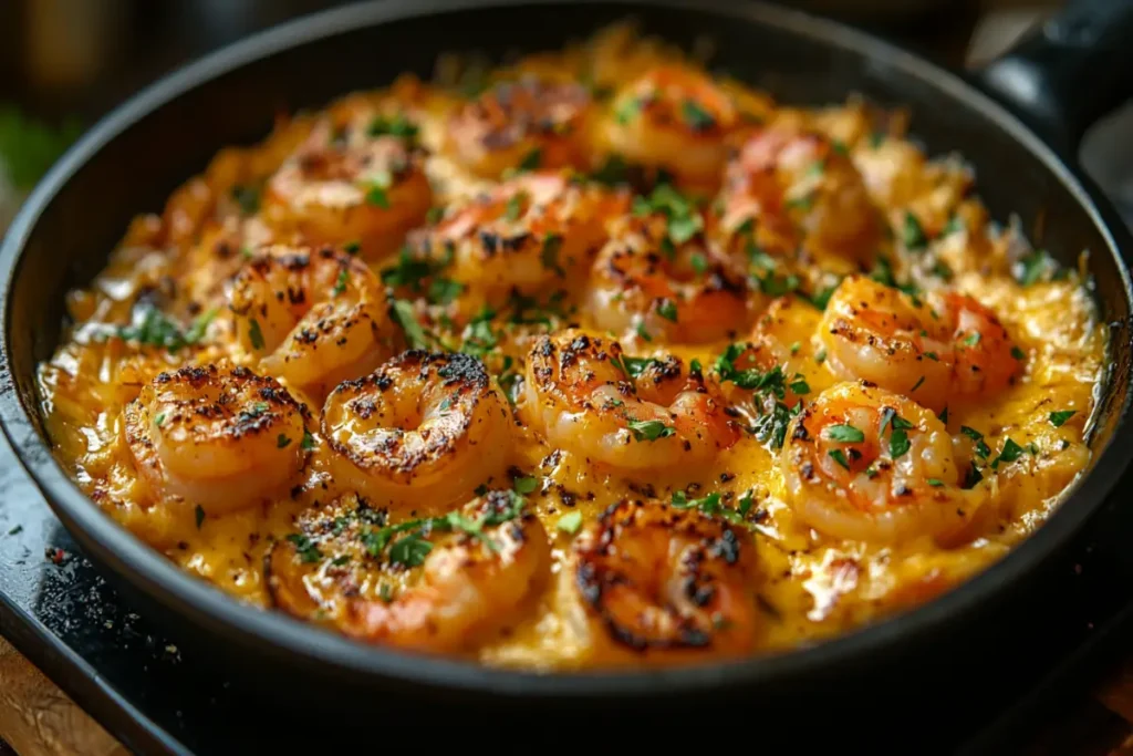 Golden seared shrimp nestled in a creamy garlic-butter sauce, garnished with fresh parsley, served hot in a skillet.