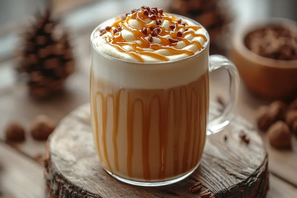 Caramel latte with creamy swirl on top