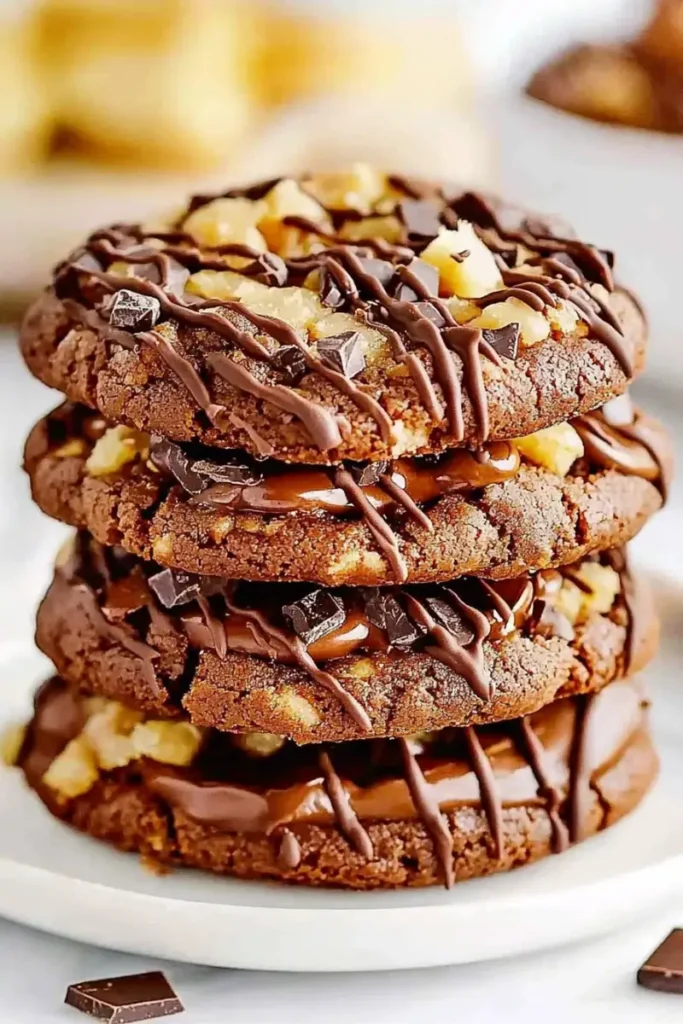 Stacked German chocolate cake cookies drizzled with chocolate and topped with macadamia nuts.