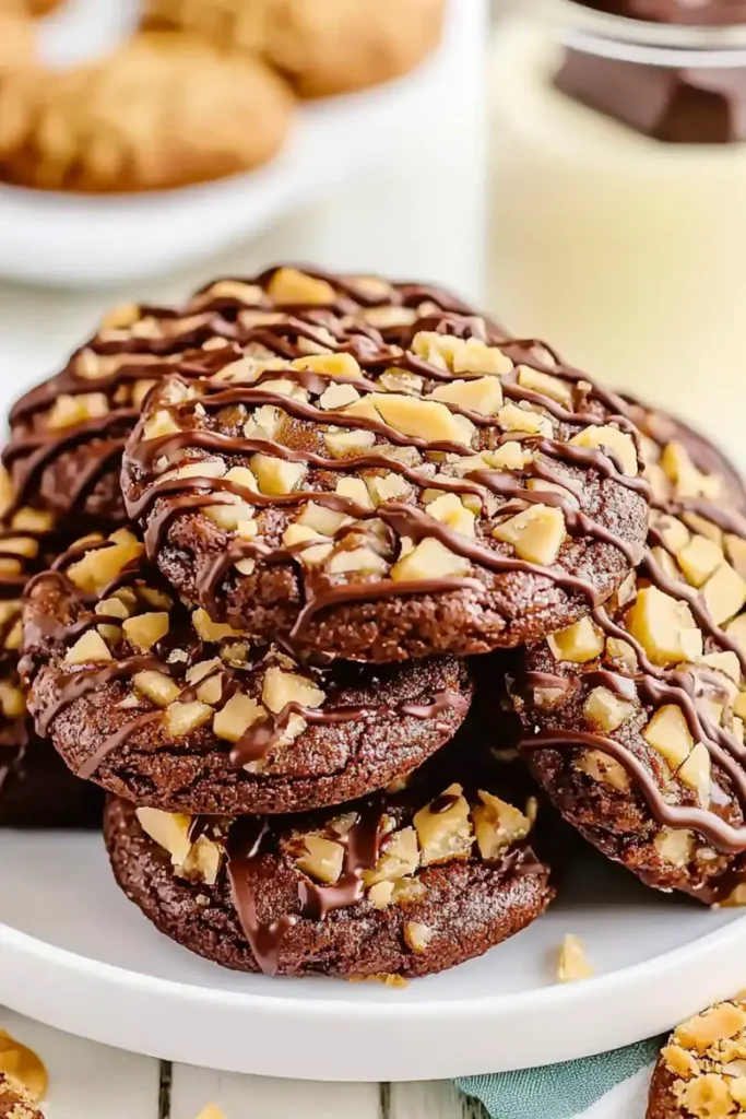 German chocolate cake cookies stacked with a chocolate drizzle.