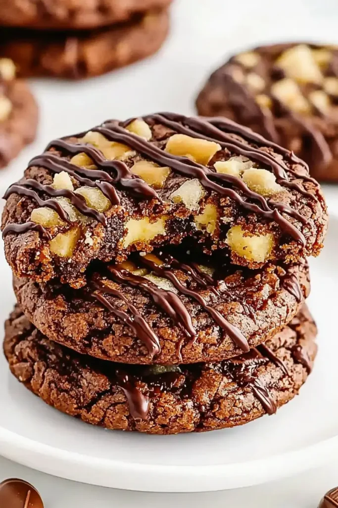 Close-up of German chocolate cake cookies with chocolate drizzle and macadamia nuts.