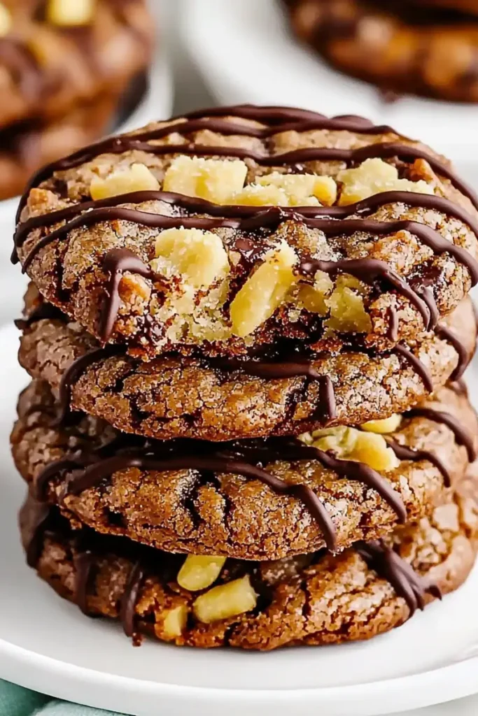 German chocolate cake cookies stacked with chocolate drizzle and macadamia nuts.