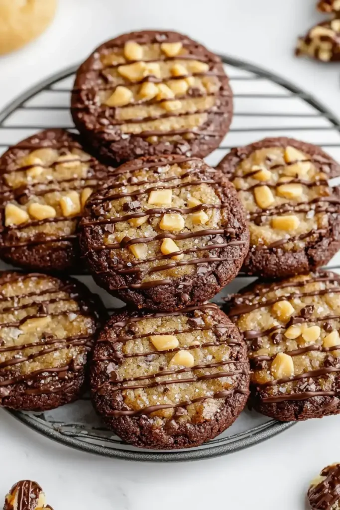 Stack of German chocolate cake cookies with a bite taken out of one.