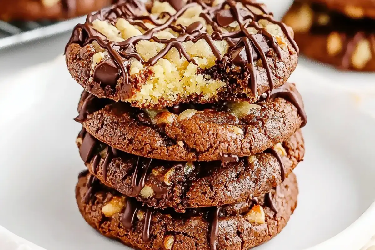 Chocolate cake cookies drizzled with chocolate and topped with macadamia nuts.