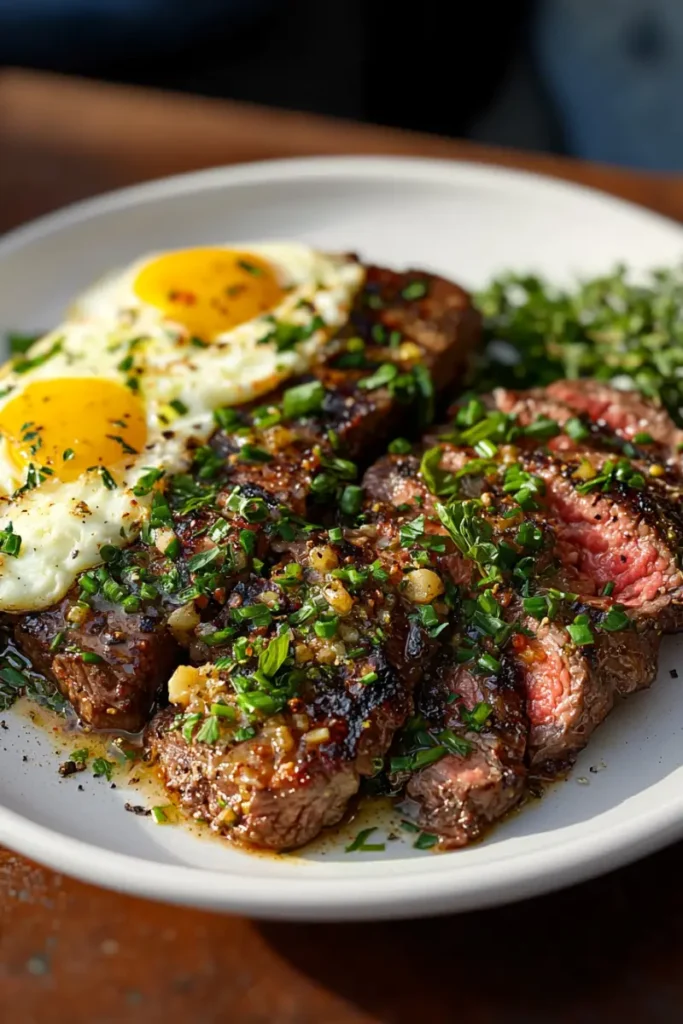 Sliced steak paired with golden sunny-side-up eggs and fresh herb garnish on a light plate.