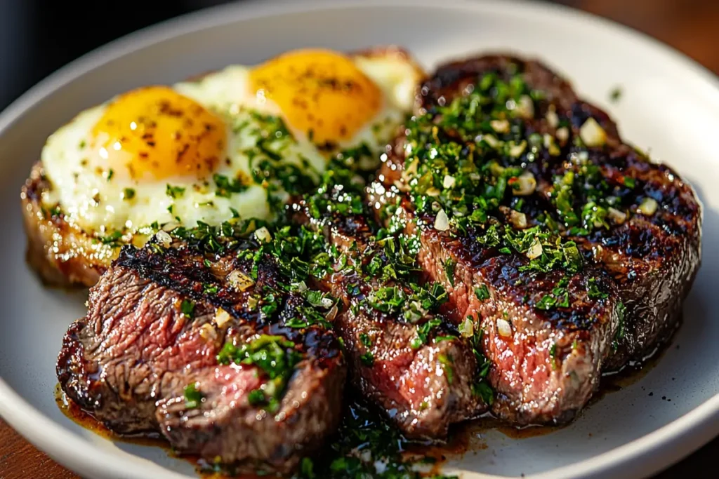 Perfectly cooked ribeye steak topped with fresh herbs and sunny-side-up eggs.