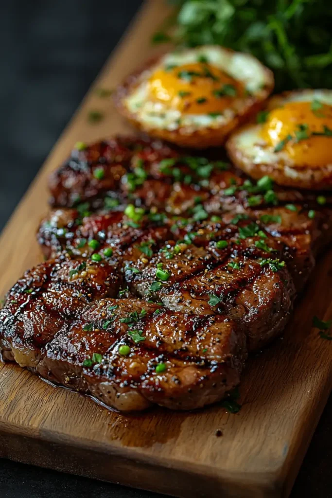 Thick ribeye steak slices with fried eggs and a sprinkle of herbs on a textured plate.