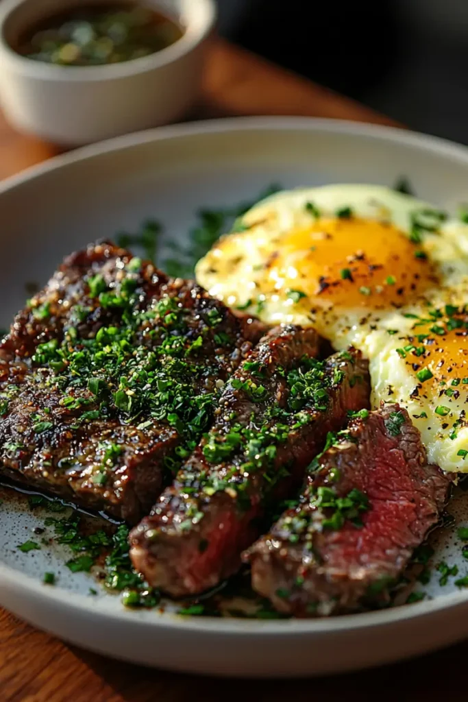 Medium-rare ribeye steak with golden yolk eggs and fresh parsley garnish.