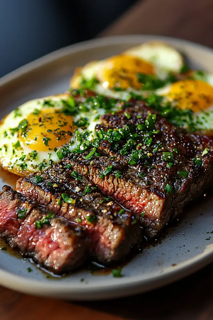 Seared steak with grilled lines, fresh herbs, and sunny-side-up eggs on a wooden platter.