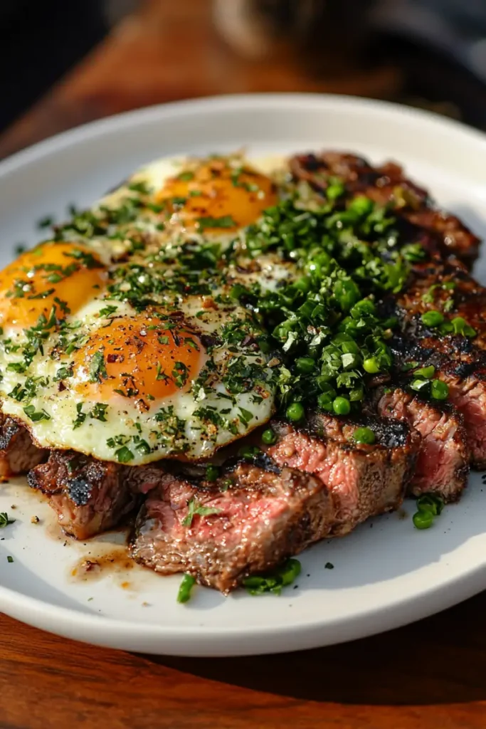 Sliced ribeye steak paired with sunny-side-up eggs and garnished with herbs and peas.