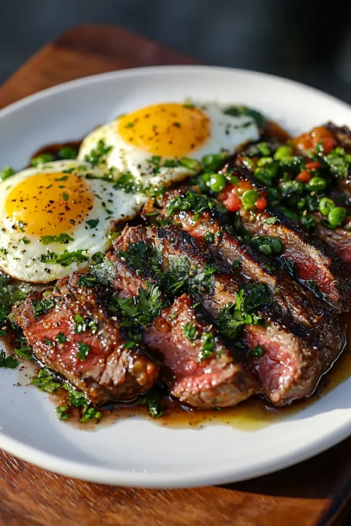 Juicy medium-rare steak with eggs and chopped chives on a white plate.