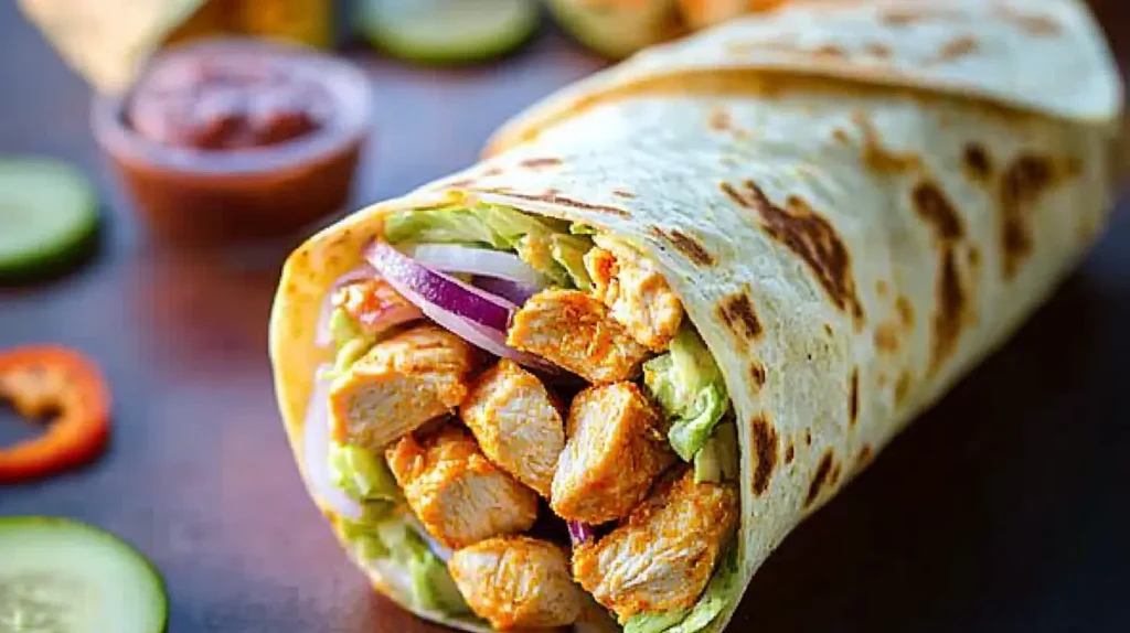 Close-up of a Healthy Buffalo Chicken Wrap featuring diced buffalo chicken, avocado, spinach, and onions in a soft tortilla.