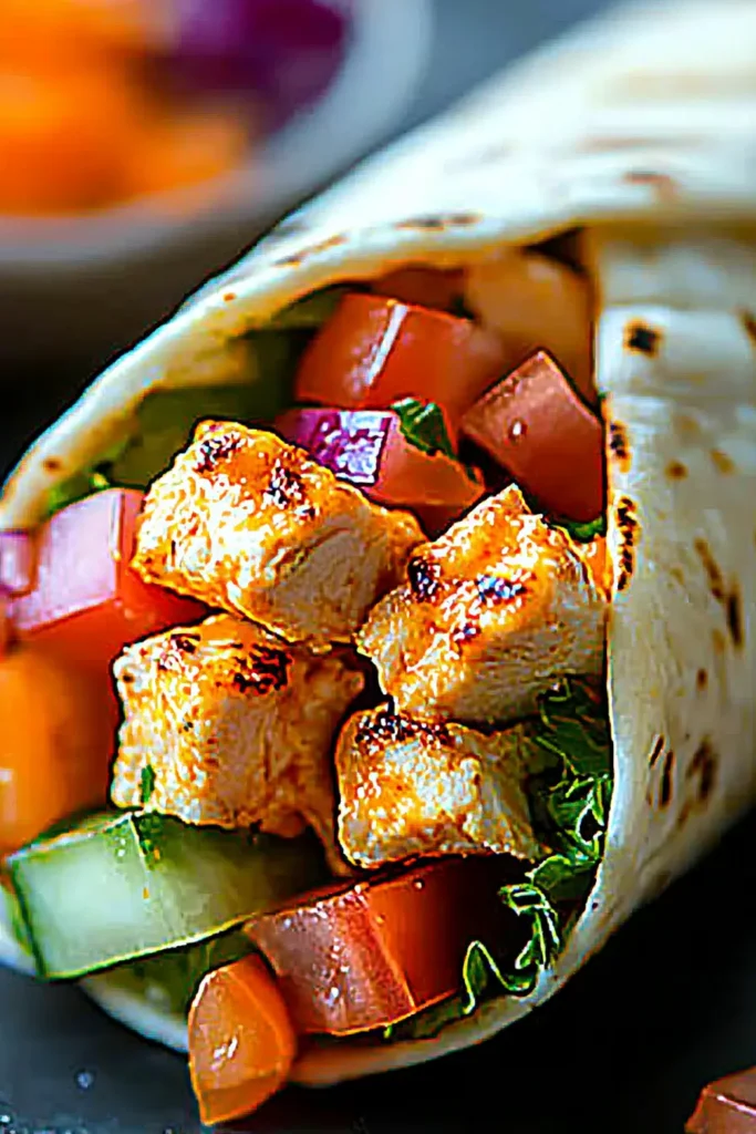 Grilled buffalo chicken wrap with fresh vegetables, presented with dipping sauces on a black slate.