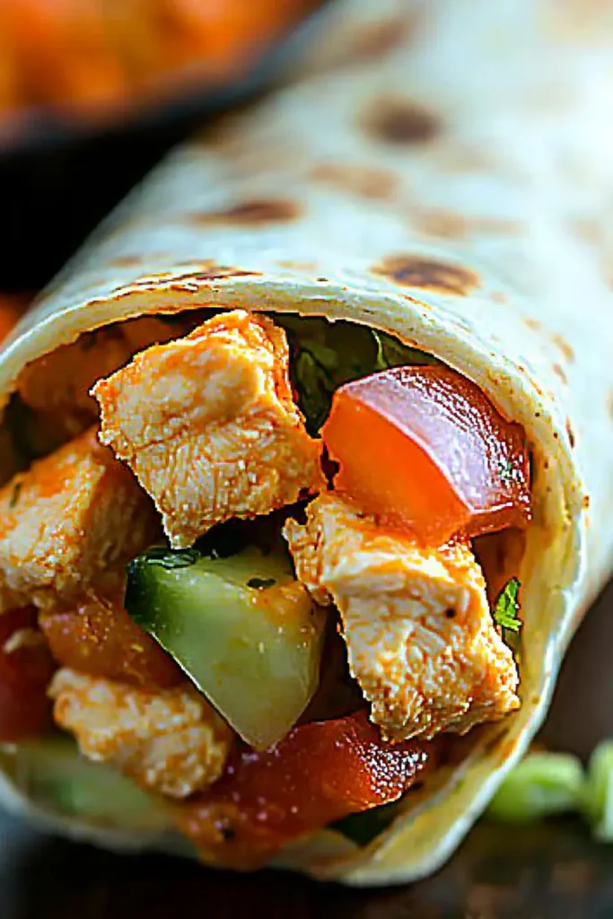 Buffalo chicken wrap filled with bold flavors, including grilled chicken, red onions, and colorful vegetables.