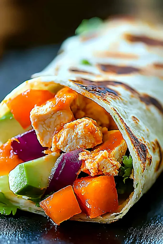 Healthy Buffalo Chicken Wrap stuffed with diced tomatoes, cucumbers, and buffalo chicken, showcasing its vibrant ingredients.