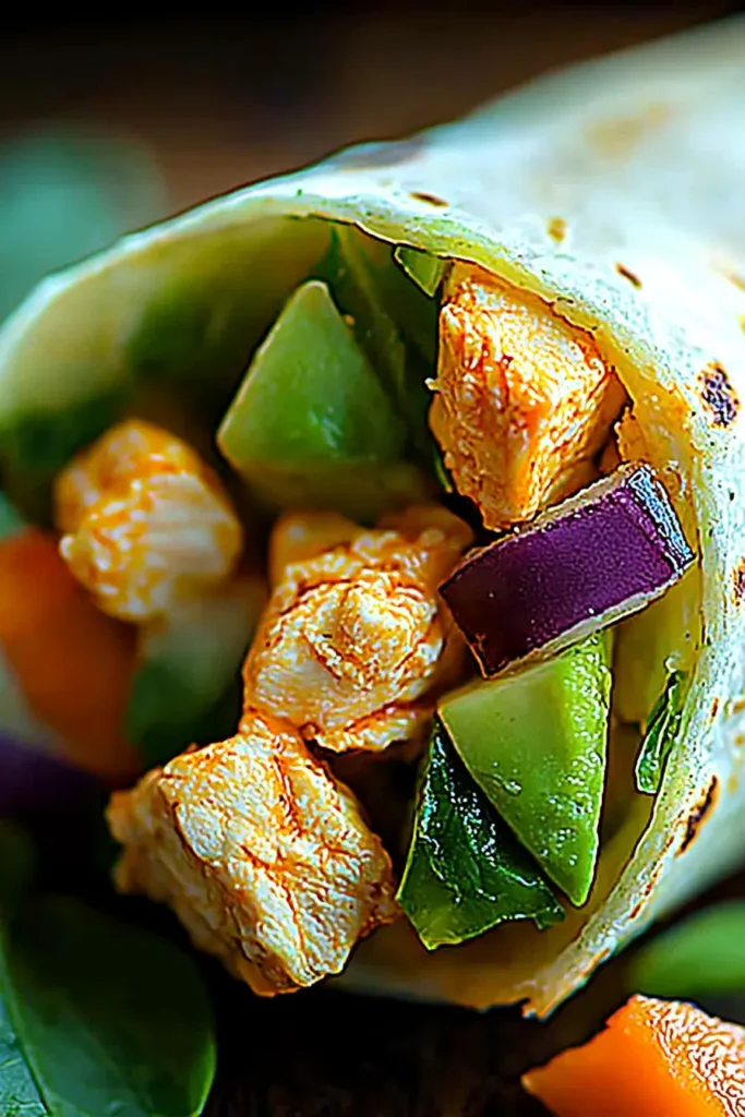 A Healthy Buffalo Chicken Wrap with a perfect balance of spicy chicken, creamy avocado, and colorful veggies.