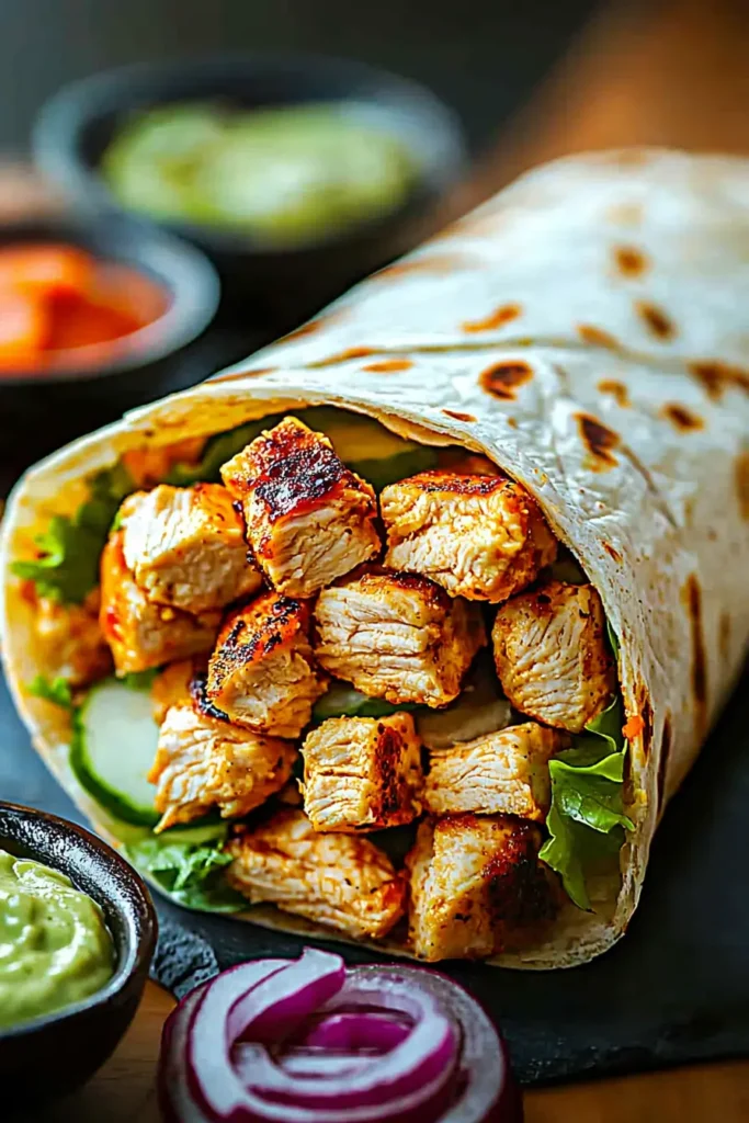 A Healthy Buffalo Chicken Wrap on a dark surface, filled with buffalo chicken, lettuce, and onions, ready to be enjoyed.