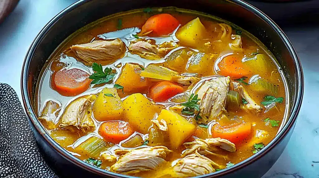 A hearty bowl of Jamaican chicken soup with tender chicken, carrots, potatoes, celery, and fresh herbs in a rich, golden broth.