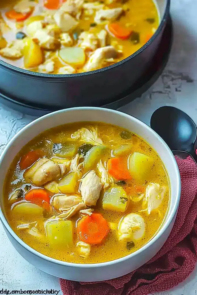 A vibrant bowl of Jamaican chicken soup filled with tender chicken, hearty vegetables, dumplings, and a flavorful, golden broth.