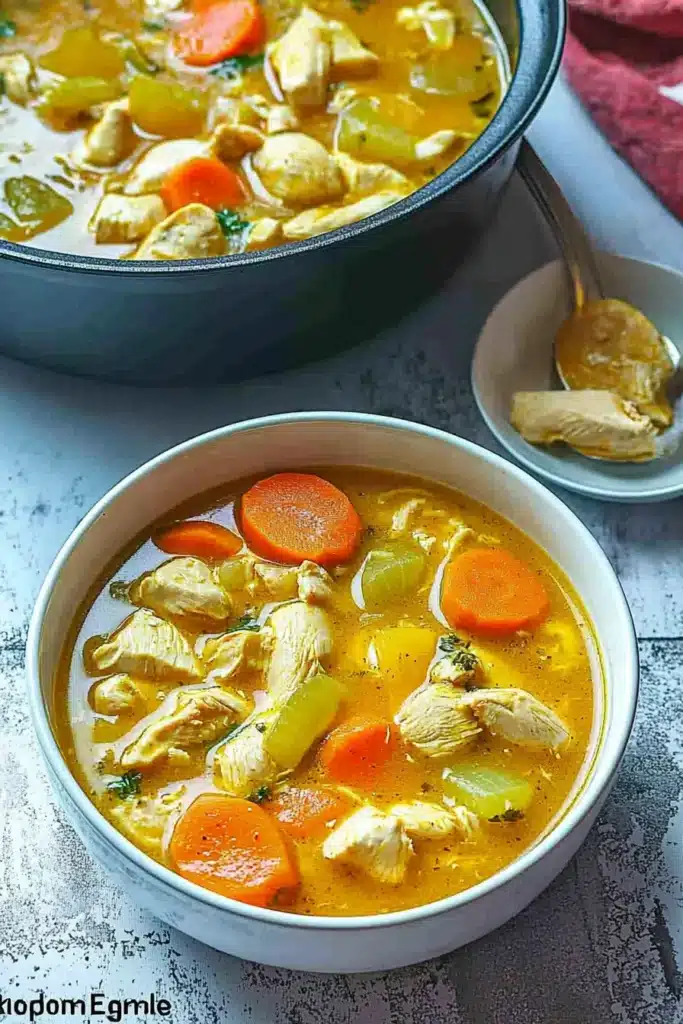 A bowl of Jamaican chicken soup with tender chicken, carrots, celery, and flavorful broth, served alongside a pot of the soup.