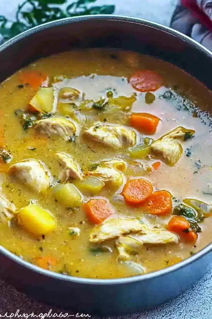 A bowl of Jamaican chicken soup with tender chicken, carrots, potatoes, and fresh herbs in a golden, flavorful broth.