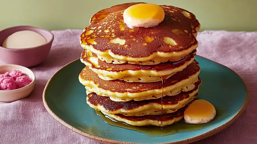 A stack of perfectly golden, fluffy pancakes topped with butter and syrup on a plate.