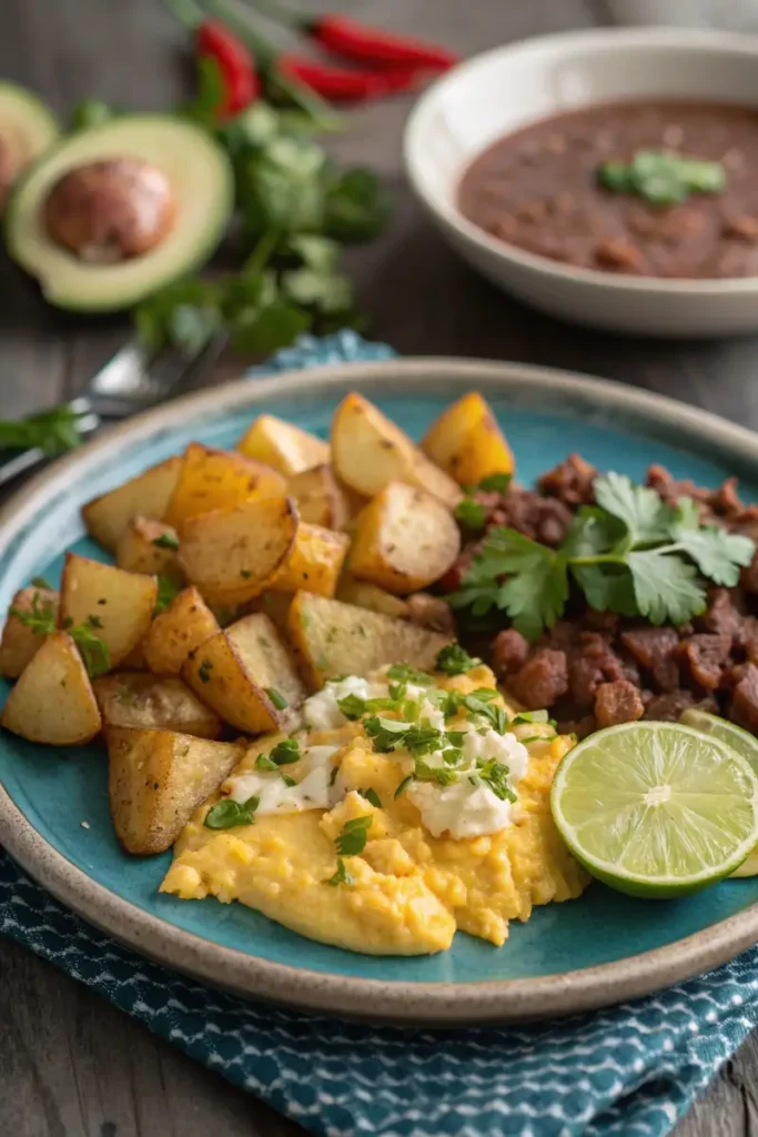 Mexican breakfast spread with potatoes.