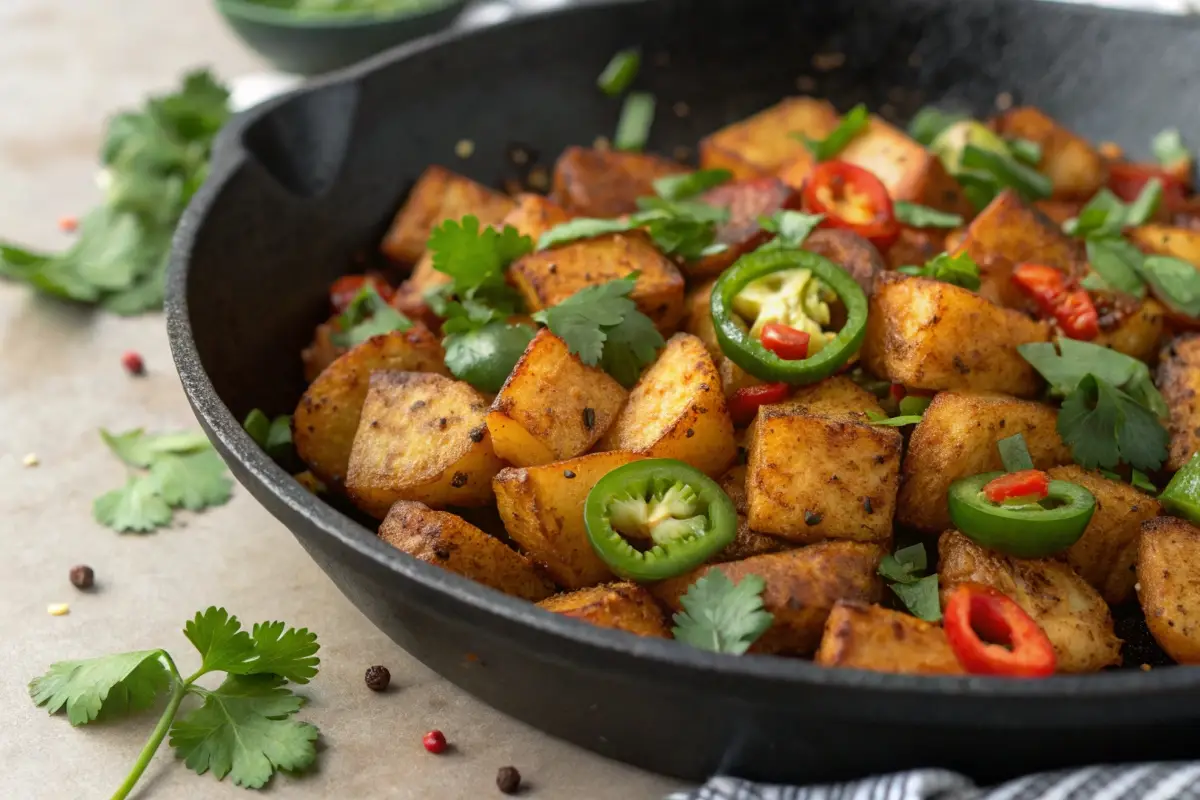 Skillet with Mexican breakfast potatoes and garnishes.