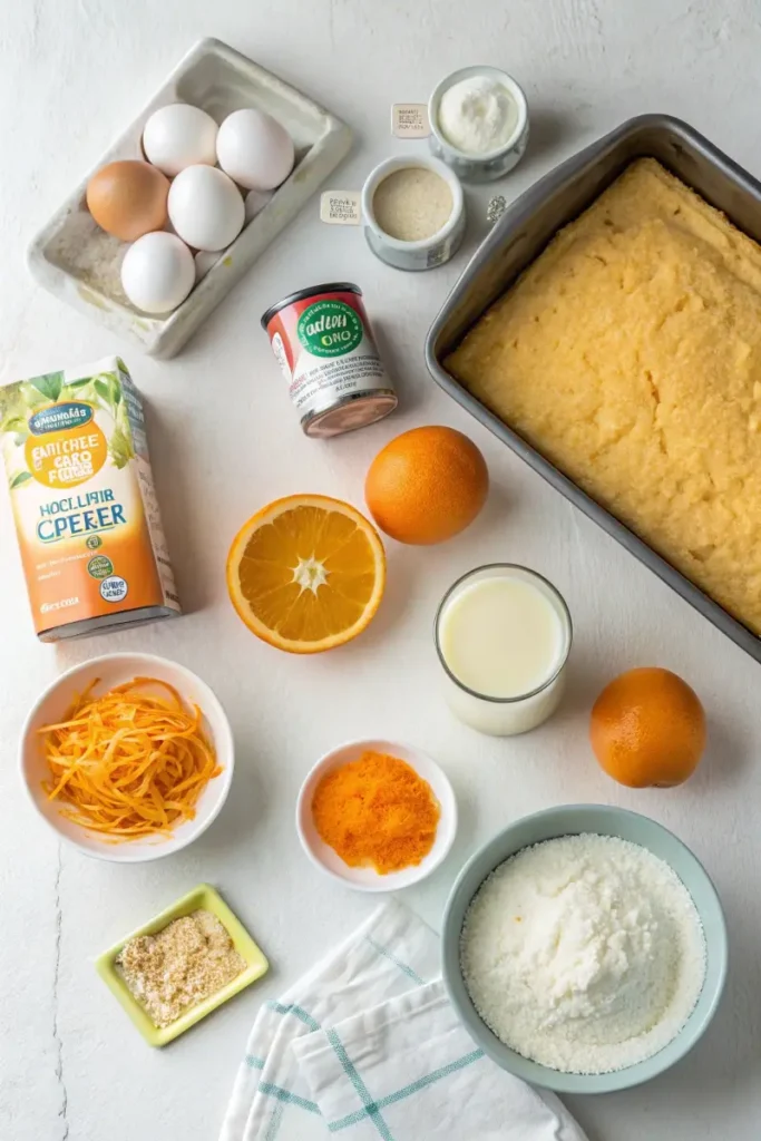 Ingredients for Orange Crush Poke Cake, including orange cake mix, Orange Crush soda, eggs, vegetable oil, orange gelatin, whipped topping, vanilla pudding mix, milk, and fresh orange zest, neatly arranged on a white countertop.