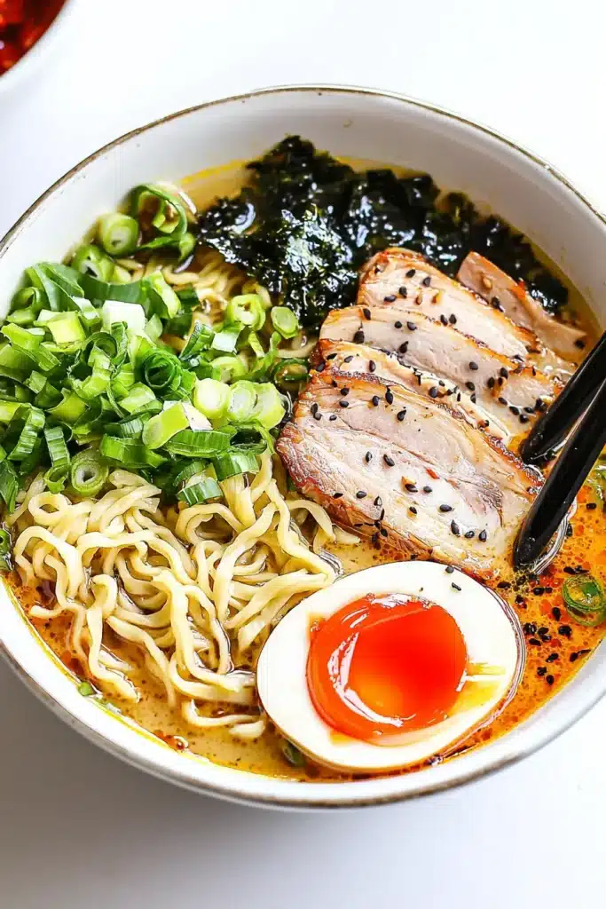 A bowl of ramen soup featuring rich broth, sliced beef, a soft-boiled egg, fresh green onions, seaweed, and noodles.