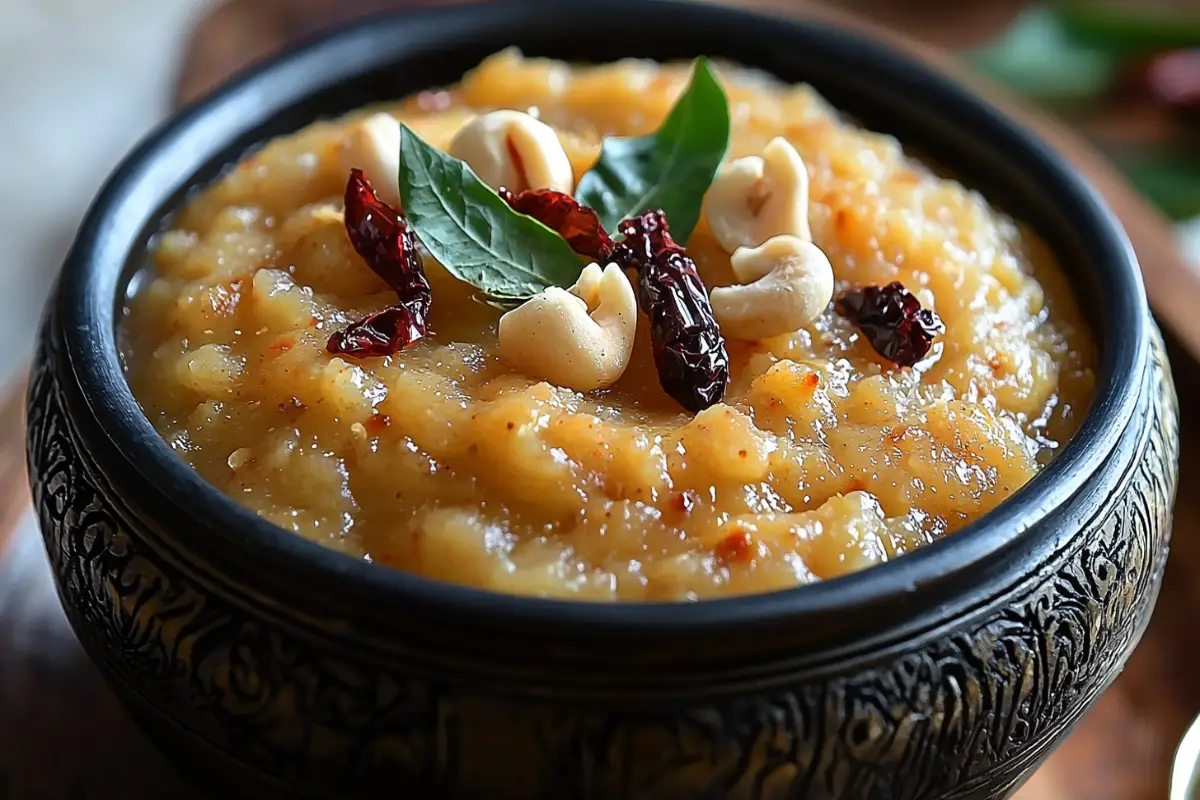 A bowl of Sakkarai Pongal garnished with cashews, raisins, and a touch of ghee.