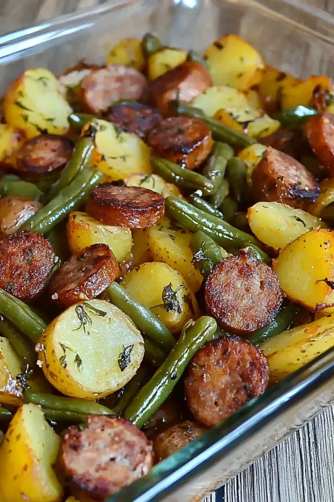 Golden-brown sausage casserole with green beans and potatoes in a ceramic dish.