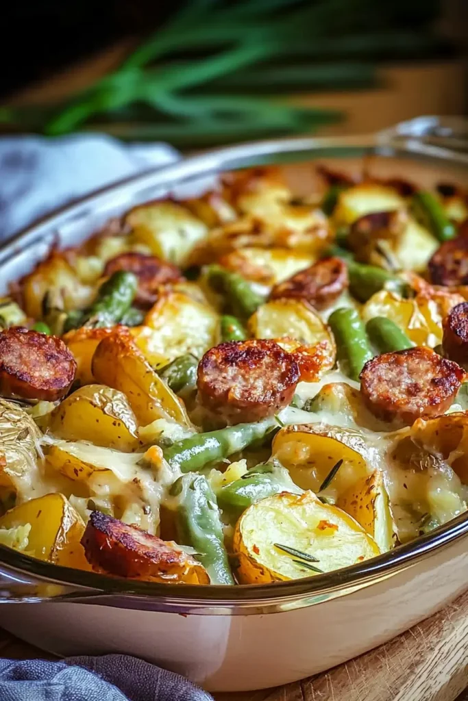 Spoon scooping sausage, potatoes, and green beans from a casserole dish.