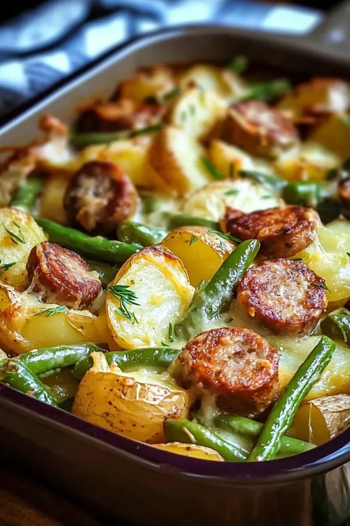 Casserole with roasted sausage and potatoes topped with fresh dill and melted cheese.