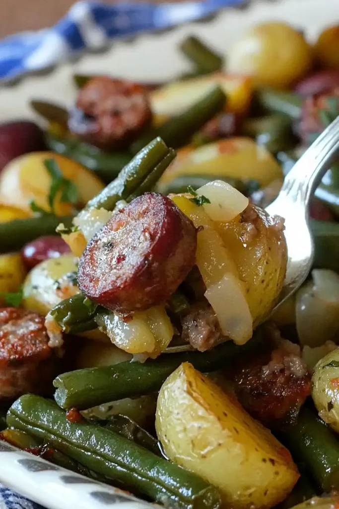 Close-up of cheesy sausage, green bean, and potato casserole with melted cheese.