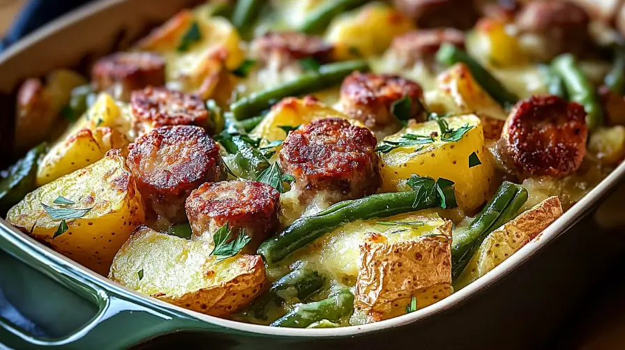 Sausage Green Bean Potato Casserole in a baking dish with golden-brown sausage and tender potatoes.