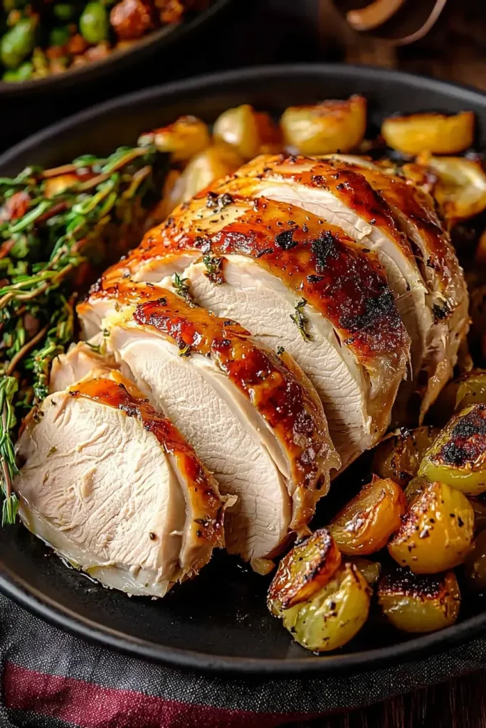 Sliced smoked turkey breast served with roasted potatoes.